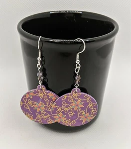 Earrings Handmade | Purple Flowers with Crystal Beads | Fun & Unique - Picture 1 of 2