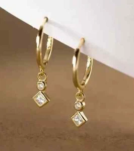 Drop Dangle Earring 14K Yellow Gold Plated Lab Created Diamond 1Ct Princess Cut - Picture 1 of 5