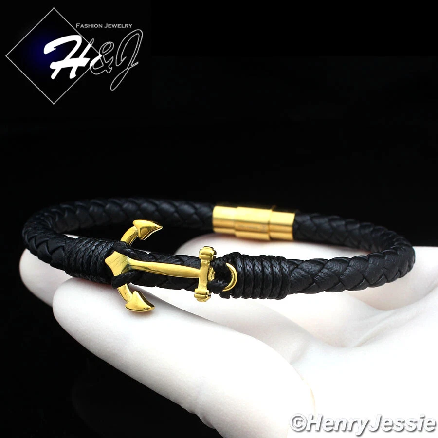 Brazalete de cuero ancla chapado en negro/dorado de 6 mm de acero inoxidable para hombre de 8,25"*107 Foto 1 de 1