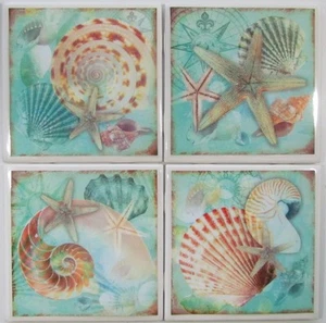 Set of 4 - Ceramic Tile Coasters - Seashells (Buy 2 Sets Get 1 Set Free) 1 A - Imagen 1 de 7