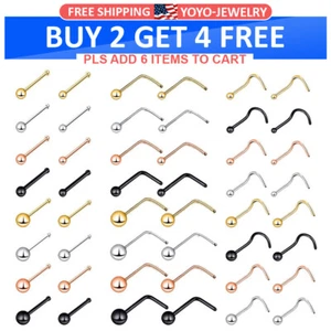 4PCS Surgical Steel Nose Stud Ring L Bend Bone Stud Screw Bar Nostril Pin 20G - Picture 1 of 20