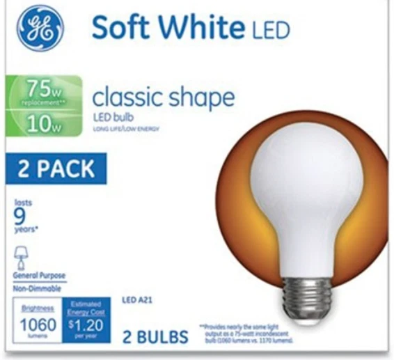 2 Pack GE Soft White LED Classic Shape Bulb 10 Watt 75 Watt Replacement A21 - Image 1 of 1