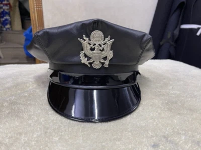 Genuine Full Leather Black Army Muir Biker Peaked Police Gay Bluf Cap Hat Sz: 58 - Image 1 of 4