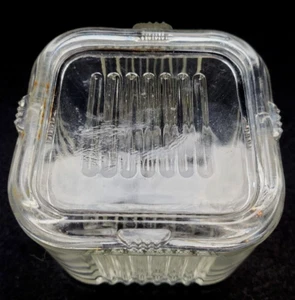 Vintage Clear Glass Square Lidded Refrigerator Dish Ribbed Design Both Pieces - Picture 1 of 5