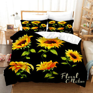 3D Blumenmuster Sonnenblume schwarz Buchstabe Quilt Bezug Set Bettbezug Bettwäsche Kissenbezüge