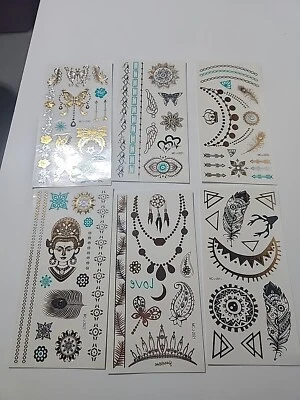 6 Hojas Disfraz Oro y Plata Tatuajes Temporales Talla Pequeña a Grande Foto 1 de 3