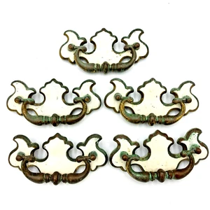 Brass Drop Bail Drawer Pulls w White Enamel Plate Of 5 Canada French Provencial - Picture 1 of 9