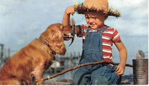 1940er Kalender Kunst Lithographie, BUDDIES, A Scheer # 713 Junge Angeln mit Hund - Bild 1 von 4
