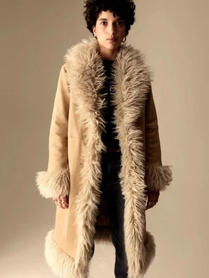 M&S Per Una Afghan Coat Fluffy Faux Fur Suede Long 10 12 Boho Marks & Spencer - Image 1 of 4