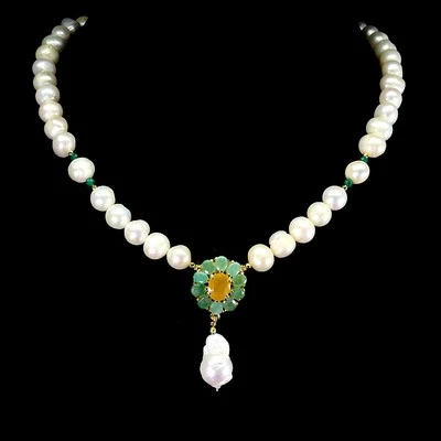 925 Sterling Silver Necklace Oval Yellow Sapphire 9x7mm Pearl Gemstone 17.5in - Image 1 of 4