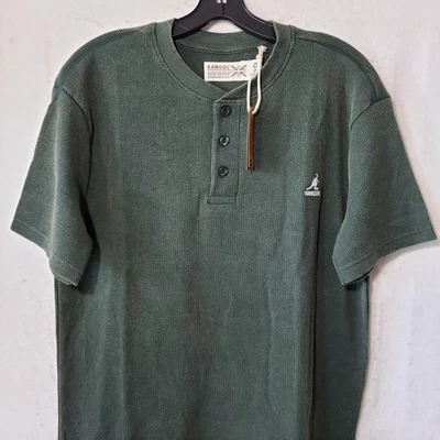 Camisa masculina Kangol verde média Henley malha waffle manga curta levantada Nova York - Imagem 1 de 4