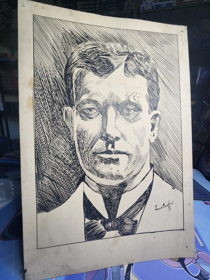 Antiguo dibujo de retrato a pluma y tinta firmado por artista de principios de siglo  Foto 1 de 4