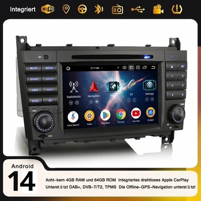 Android 14 DAB+ Autoradio CarPlay 8-Kern 64GB Navi Mercedes C/G/CLC Klasse W203 - Bild 1 von 4