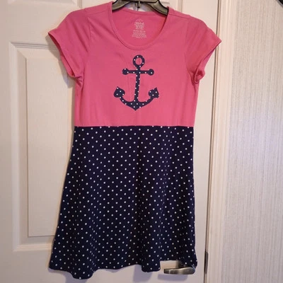 Faded Glory Girls Jersey Dress Size XL 14/16 Sailor Pink Navy & White Casual EUC - Image 1 of 4