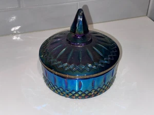 Vintage Indiana Glass Iridescent Blue Carnival Princess Covered Candy Dish - Picture 1 of 3