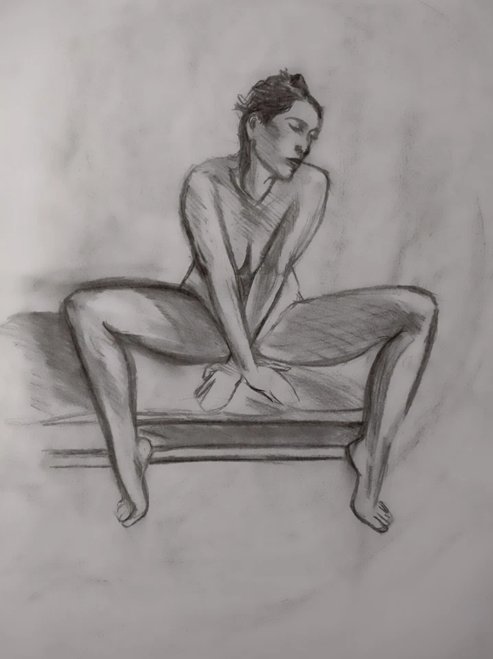 Mujer desnuda, dibujo de vida, carbón, arte original firmado Foto 1 de 1