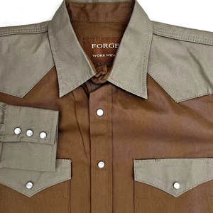 FORGE Western Work Wear Shirt Men Medium Long Sleeve Heavy Canvas Pearl Snap Tan - Picture 1 of 23