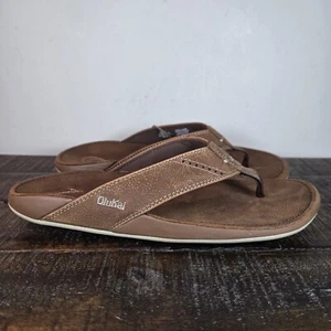 OluKai Nui Mens Size 8 Beach Flip Flops Sandals Premium Leather Brown - Picture 1 of 12