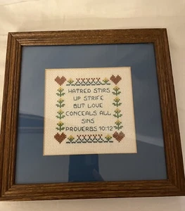 Vintage Needlepoint Proverbs 10:12 Verse. Frame Handmade. 9x9 - Picture 1 of 7