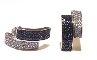 14k white gold Black Diamond 0.24ct hoop earrings 4.2g designer estate vintage - Image 1 of 4