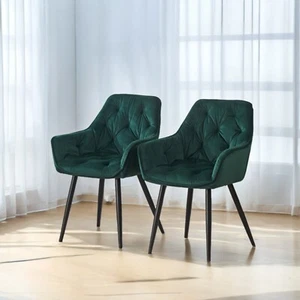 2x DEJINBU Green Velvet Armchair Dining Chair Tufted Seat Black Metal Legs - Picture 1 of 9