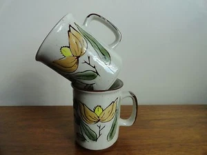 2 Otagiri Vintage Brown Speckled Stoneware Mugs Orange Yellow Flowers Japan - Picture 1 of 7