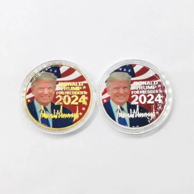 Moneda conmemorativa de oro de 2 piezas del presidente de Estados Unidos Donald Trump 2024 bandera de Estados Unidos moneda de plata Foto 1 de 2