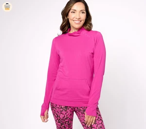 Denim & Co. Fleece RoundNeck Shirttail Hem Top w/Kangaroo Pocket - Fall Pink, XL - Picture 1 of 4