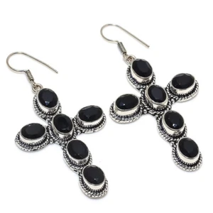 Schwarzer Onyx Edelstein versilbert Hänger Kreuz Ohrringe Schmuck 2" - Bild 1 von 1