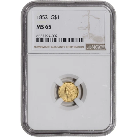1852 US Gold $1 Liberty Head Type 1 Dollar - NGC MS65 Cover