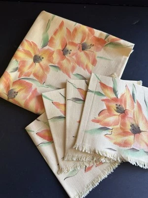 Vtg Hand Painted Linen Table Square 4 Cocktail Napkins Yellow Orange Gladiolus - Image 1 of 4