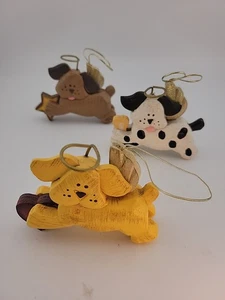 VTG 3 Handpainted Folk Art Angel Dogs Christmas Ornaments Hand Carved Wooden - Picture 1 of 10