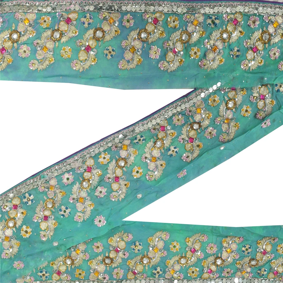 Sanskriti Vintage Sari Borde Cuentas a Mano Artesanal 1Yd Borde Decoración Encaje 4W Azul Foto 1 de 4