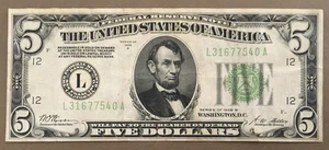 1928B $5 FRN SAN FRANCISCO [] GOLD ~ ALPHA SEAL [] FR 1952-L Ser#  L 3167 7540 A - Picture 1 of 3