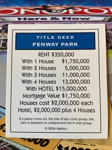 2006 Monopoly Here & Now Fenway Park Blue Title Deed Card Game Part - Picture 1 of 2