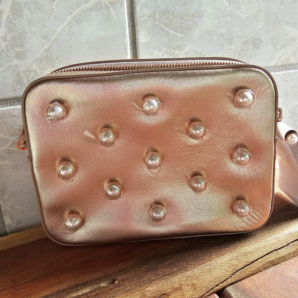 Ted Baker London Alessia Leather Faux Pearl Embellished Camera Bag in Rosegold