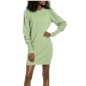 Wayf Sage Green Puff Long Sleeve Knit Sweater Dress Crew Neck Size S NEW NWT - Picture 1 of 3
