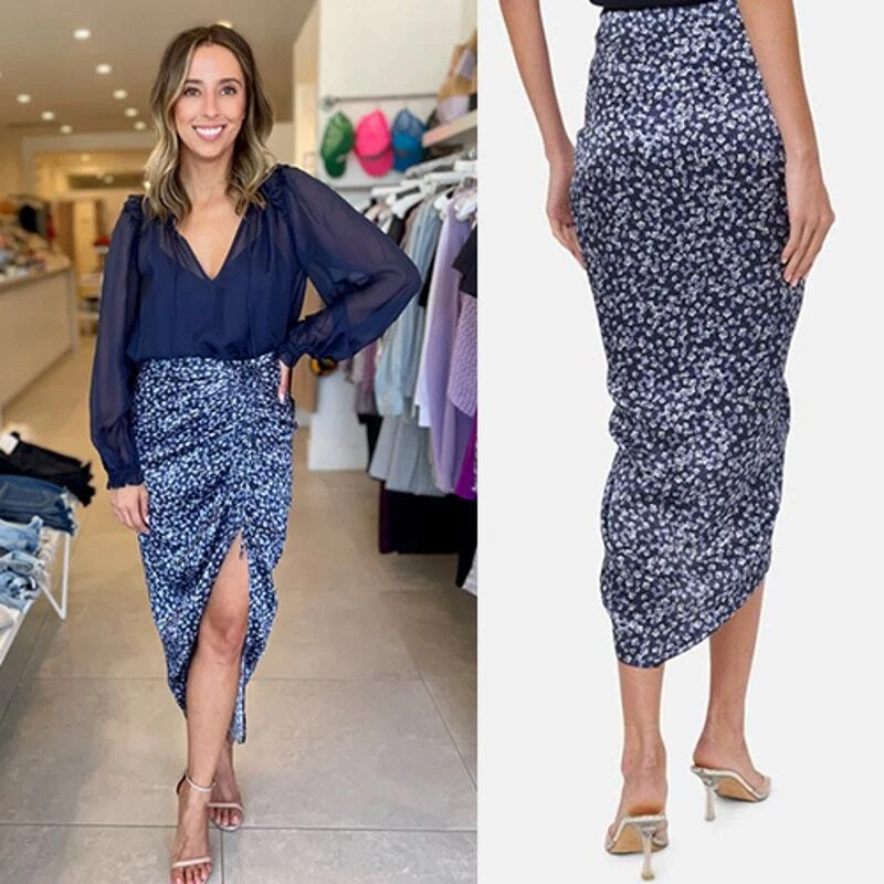 NWT Cami NYC Amanda Floral Silk Ruched Blue Pansy Print Midi Skirt with Slit  - Image 1 of 4