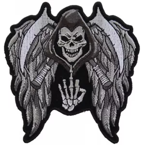 "Parche bordado (Hierro), Grim Reaper Calavera Alas Dedo Medio, 4"" x 4" - Imagen 1 de 4