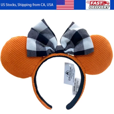 Tiara de Halloween orelhas de Minnie Mouse preto branco xadrez laranja veludo Disney - Imagem 1 de 4