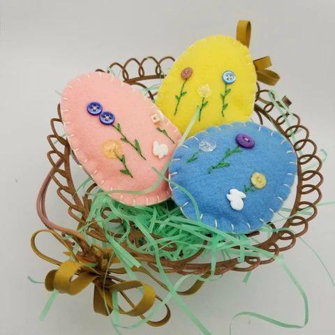 Wire Basket - Felt Eggs Decorated Hand Stitched Easter Repurpose Decor Cover