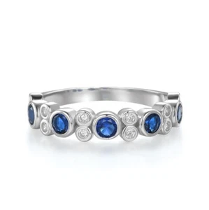 Ladies 925 Sterling Solid Silver Brilliant Cut Blue & White Sapphire Bubble Ring - Picture 1 of 5