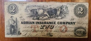 1850's $2 ADRIAN INSURANCE COMPANY BANK NOTE- MICHIGAN - OBSOLETE CURRENCY - Picture 1 of 2