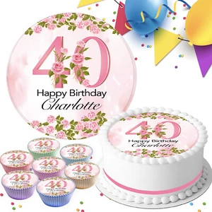 PINK FLOWER BIRTHDAY PERSONALISED EDIBLE CAKE TOPPER & CUPCAKE TOPPERS E439 - Picture 1 of 7