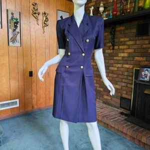 Vintage 90s Sassy Secretary Navy Double Breasted Tuxedo Blazer Cocktail Dress S - Picture 1 of 10