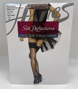Hanes Silk Reflections Lace Top Thigh High Sheer Toe Jet Black Sz EF New In Pkg - Picture 1 of 2