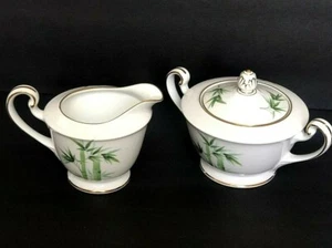 Noritake Porcelain Creamer & Sugar Bowl With Lid Bamboo Pattern Gold Trim 1538G - Picture 1 of 12