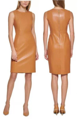 NWT CALVIN KLEIN Faux Leather Sheath Dress Exposed Back Zip Sz. 10 Beige-Honey - Image 1 of 4