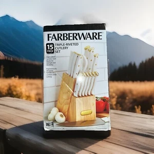 Faberware 15 Piece Triple-riveted White With Gold Trim Stainless Steel Knif NIOB - Picture 1 of 2
