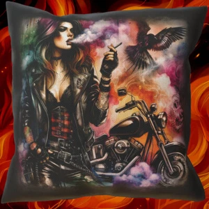 Sexy Bad Girl Cushion, Double-Sided, Beautiful Rebel, Biker, Motorcycle, Smoke - Picture 1 of 8